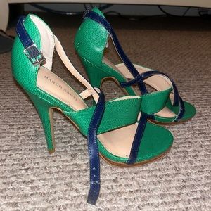 green and blue heels